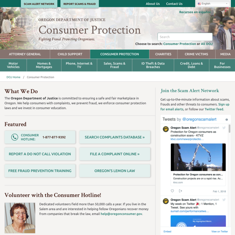 Oregon DOJ Consumer Protection website