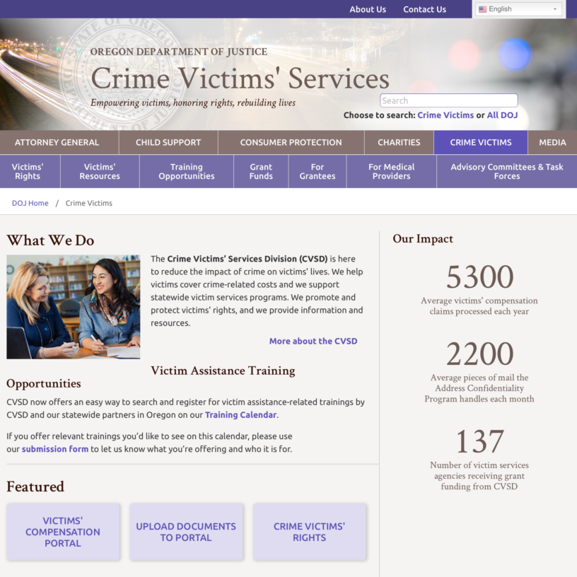 Oregon DOJ Crime Victims' Services website
