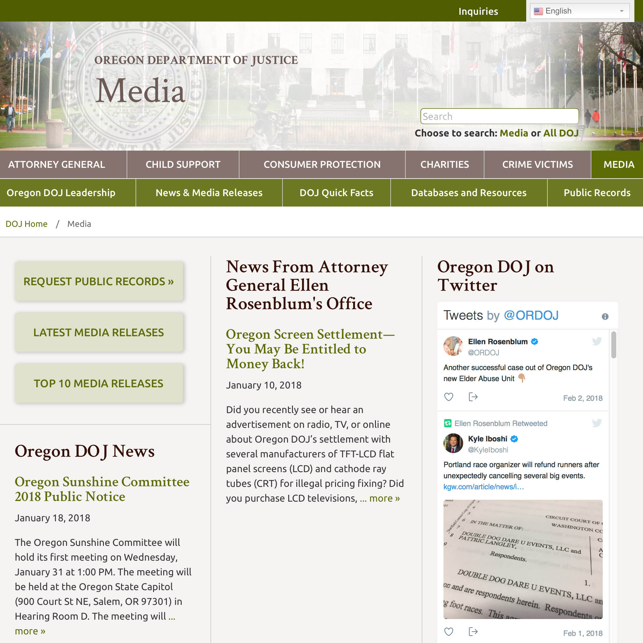 Oregon DOJ website for the media