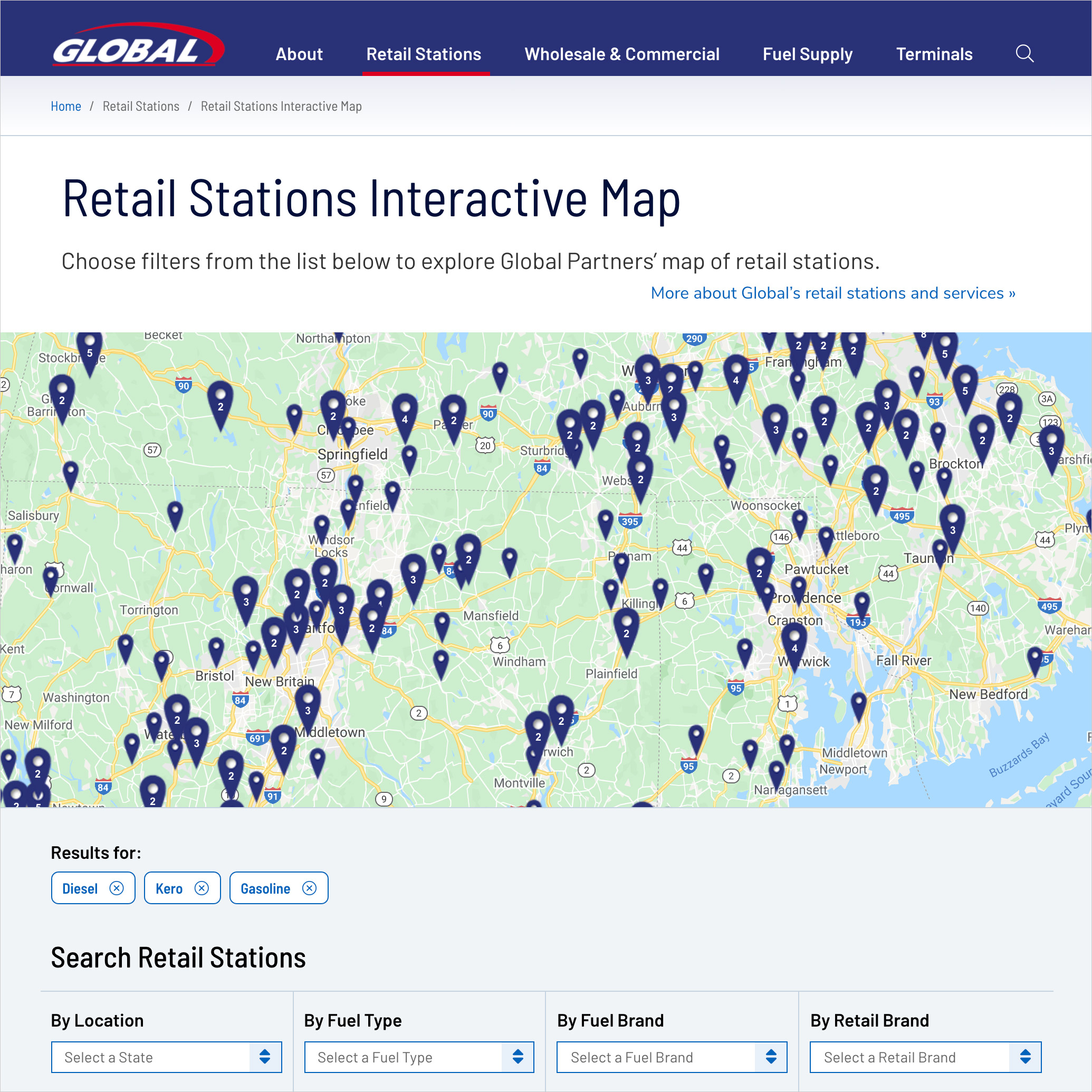Interface design for Global partners' Interactive map of retail stations