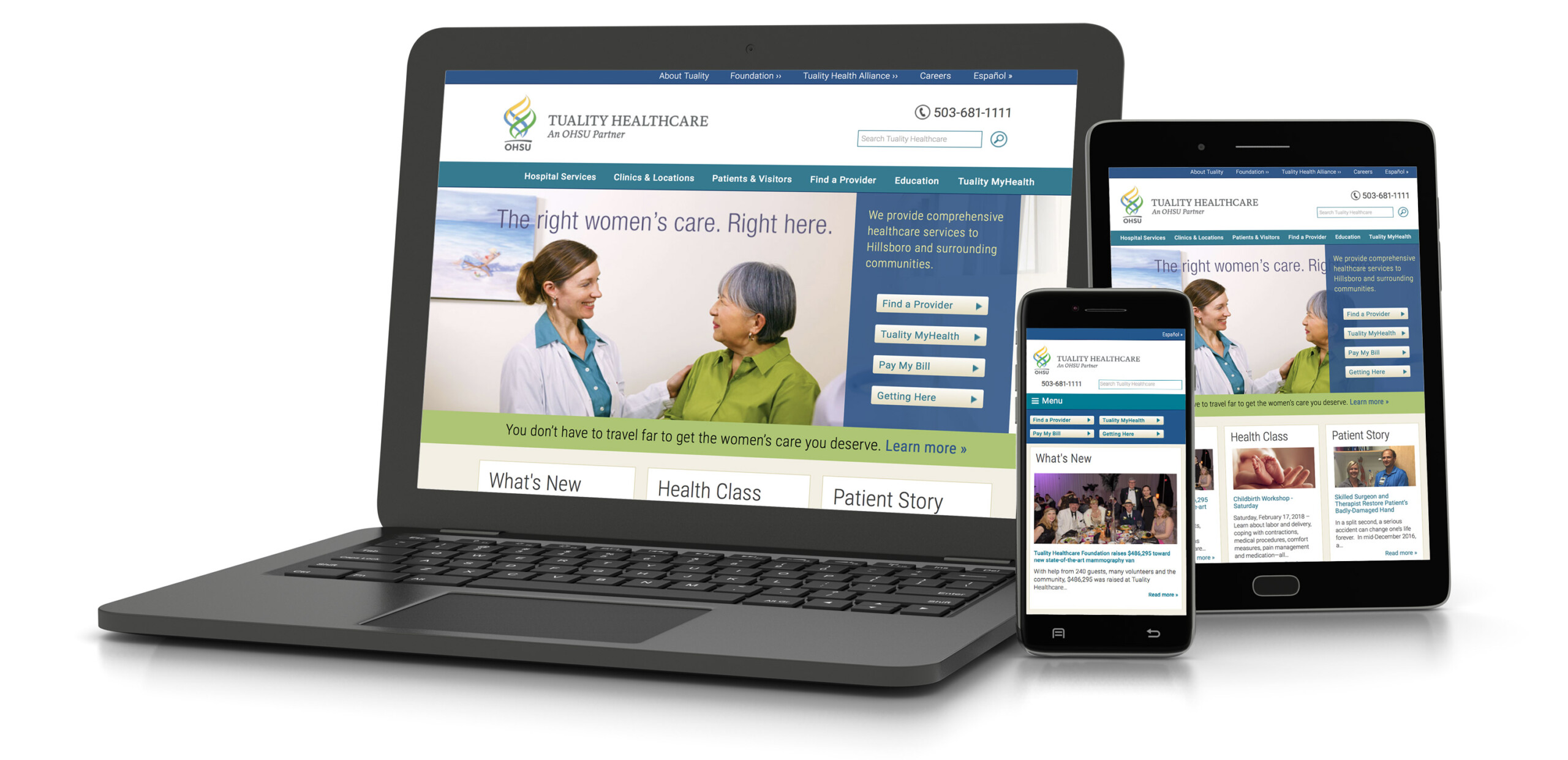 Tuality Healthcare website redesigned to be responsive across multiple platforms