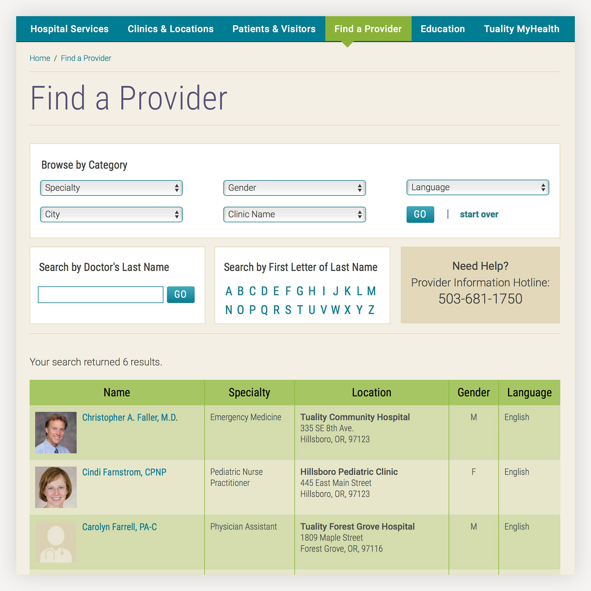Tuality Healthcare provider directory redesign