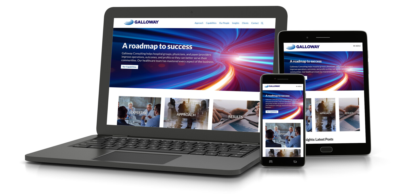 Galloway Consulting website on a laptop, tablet and phone