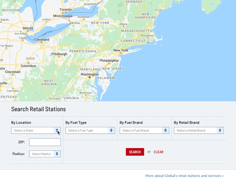 Animation of Global Partners' interactive map of retail stations