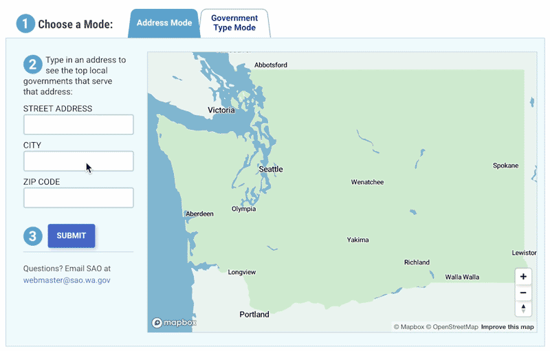 Animation of the Washington State Auditor's Office interactive map of governments