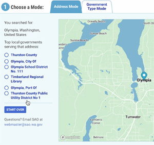 Screenshot of the Washington State Auditor's interactive map of governments.