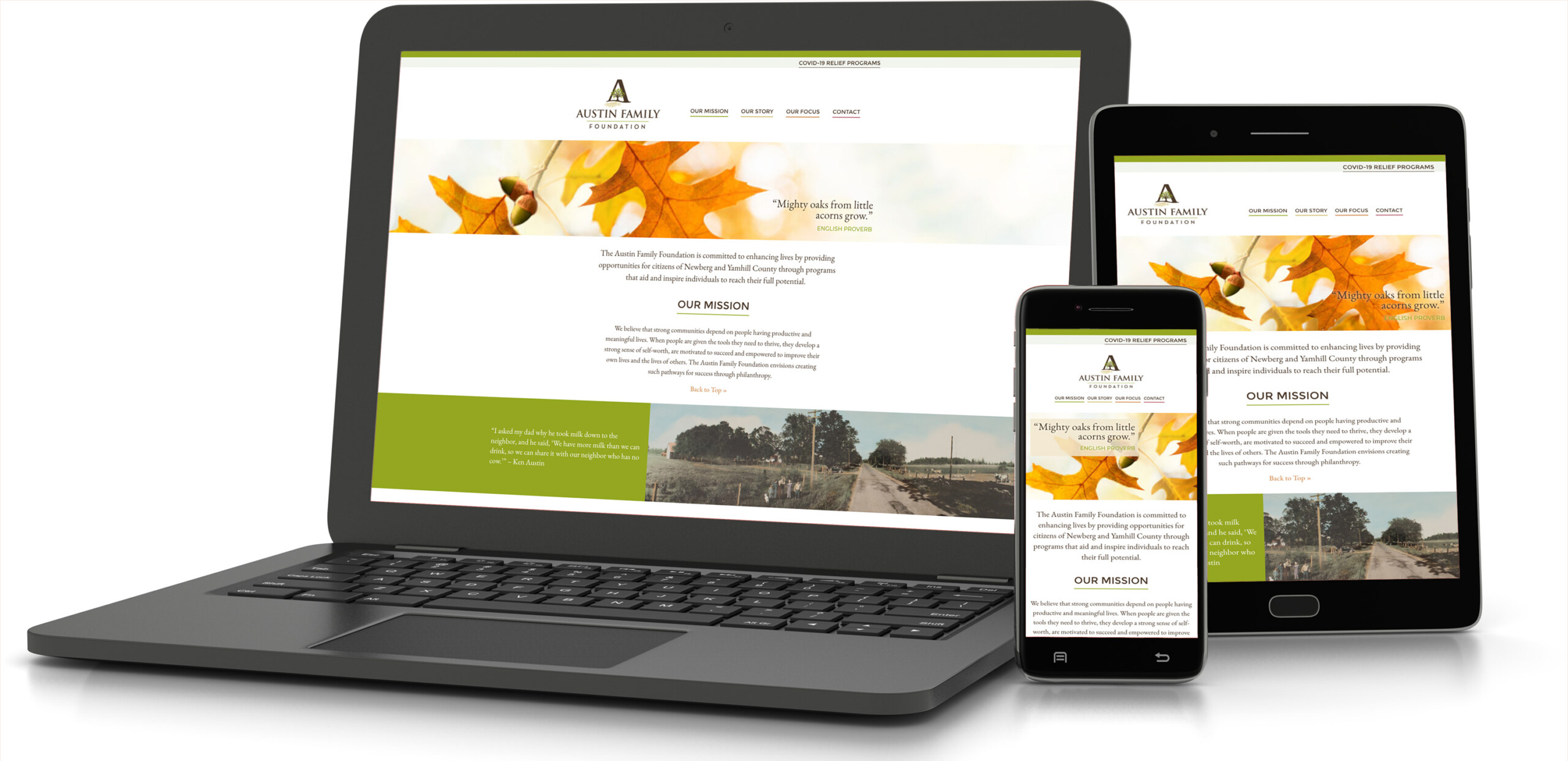 Austin Family Foundation website on a laptop, tablet and phone.
