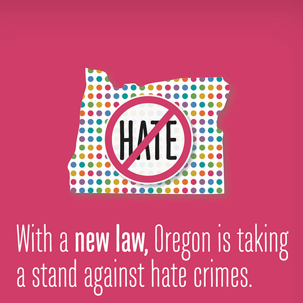 Illustration of a map of Oregon filled with multicolored dots from the Oregon DOJ's Hate Crimes brochure.