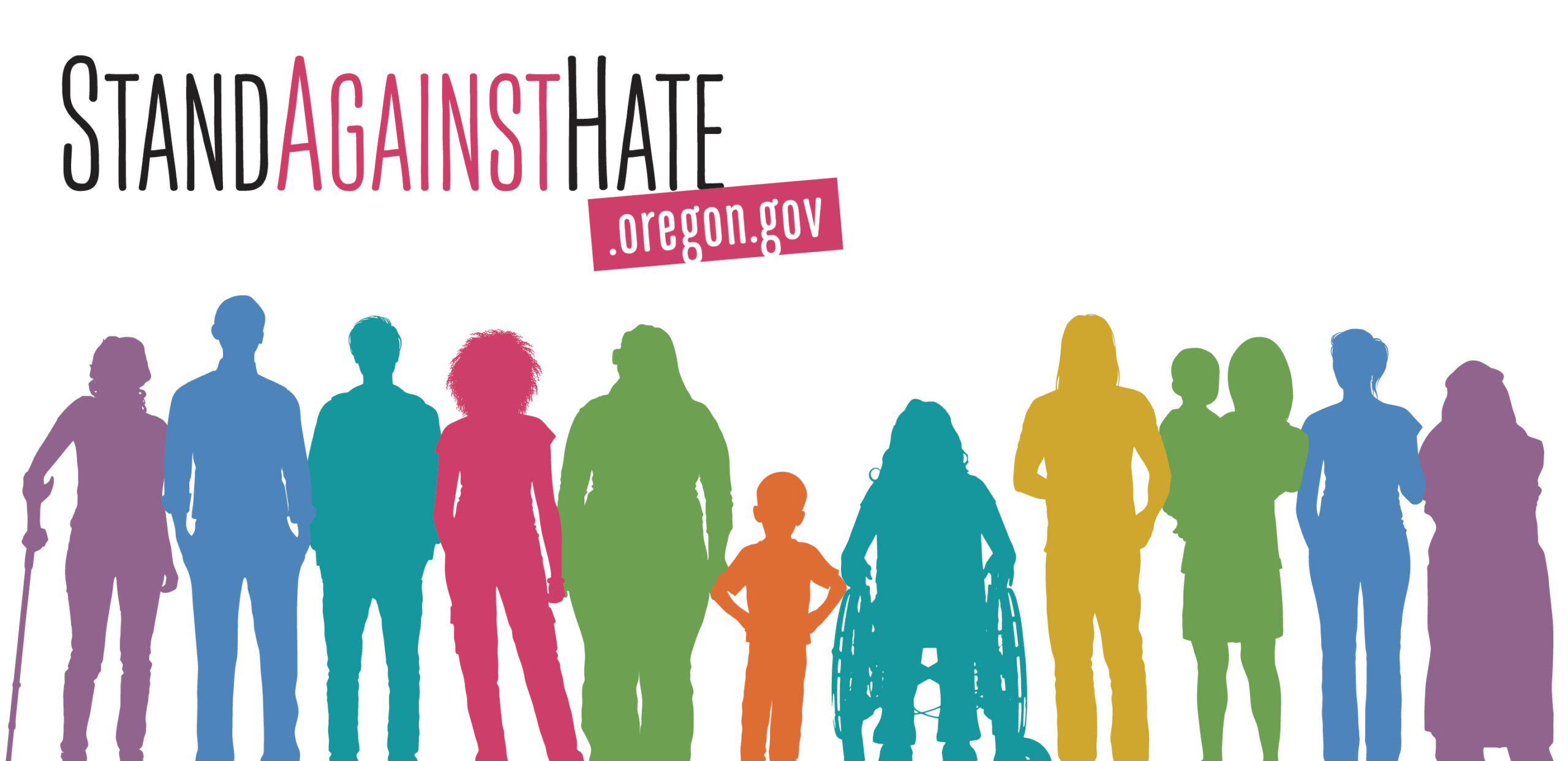 Illustration of silhouettes of diverse people from the Oregon DOJ's Stand Against Hate flyer.