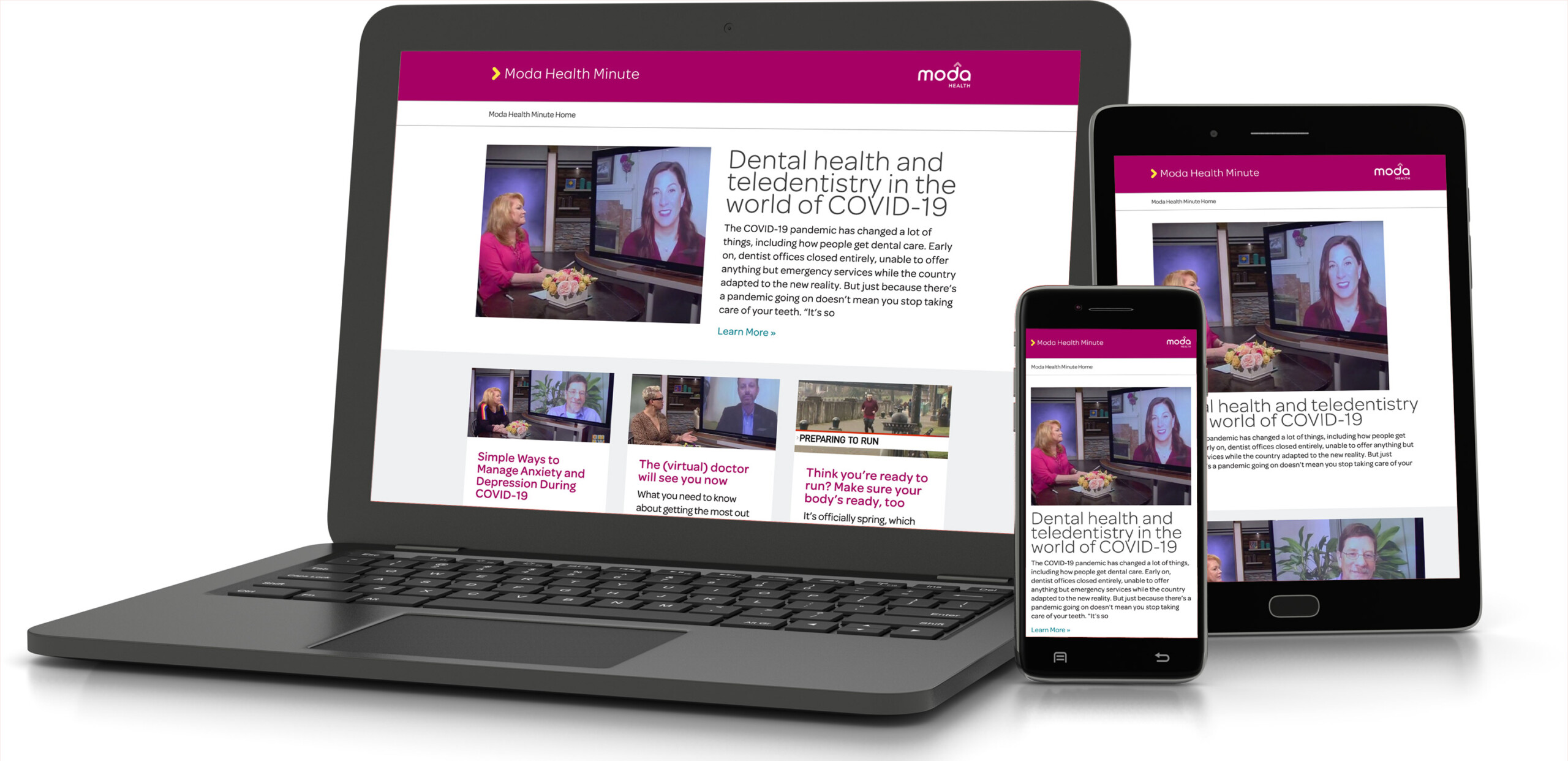 Website for Moda Health Minute, on laptop, tablet and phone.