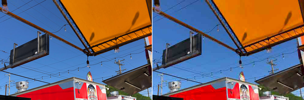 Side by side comparison of a photo of colorful awnings, under different levels of compression.