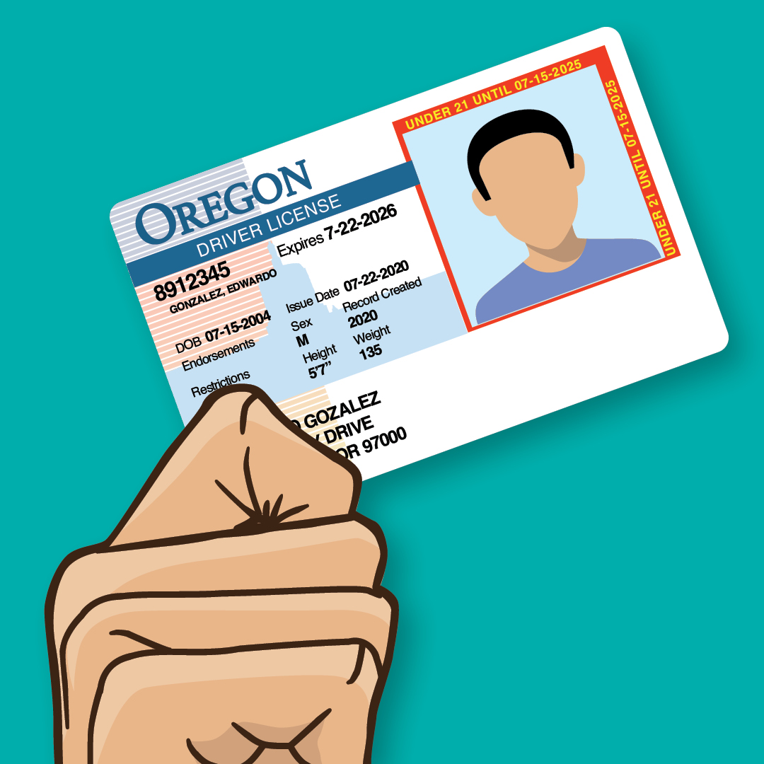 Illustration of a hand holding up an Oregon Driver's license.