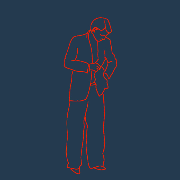 Frame from a Flash animation by Julia Stoops, depicting a line-drawn androgynous figure emptying the pockets of their jacket.