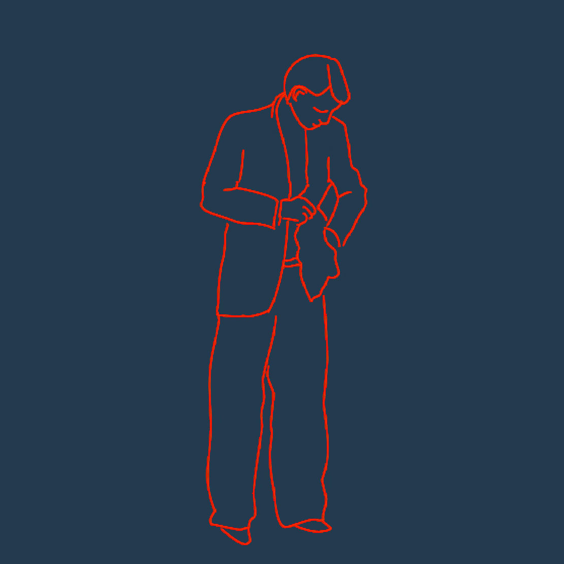 Frame from a Flash animation by Julia Stoops, depicting a line-drawn androgynous figure emptying the pockets of their jacket.