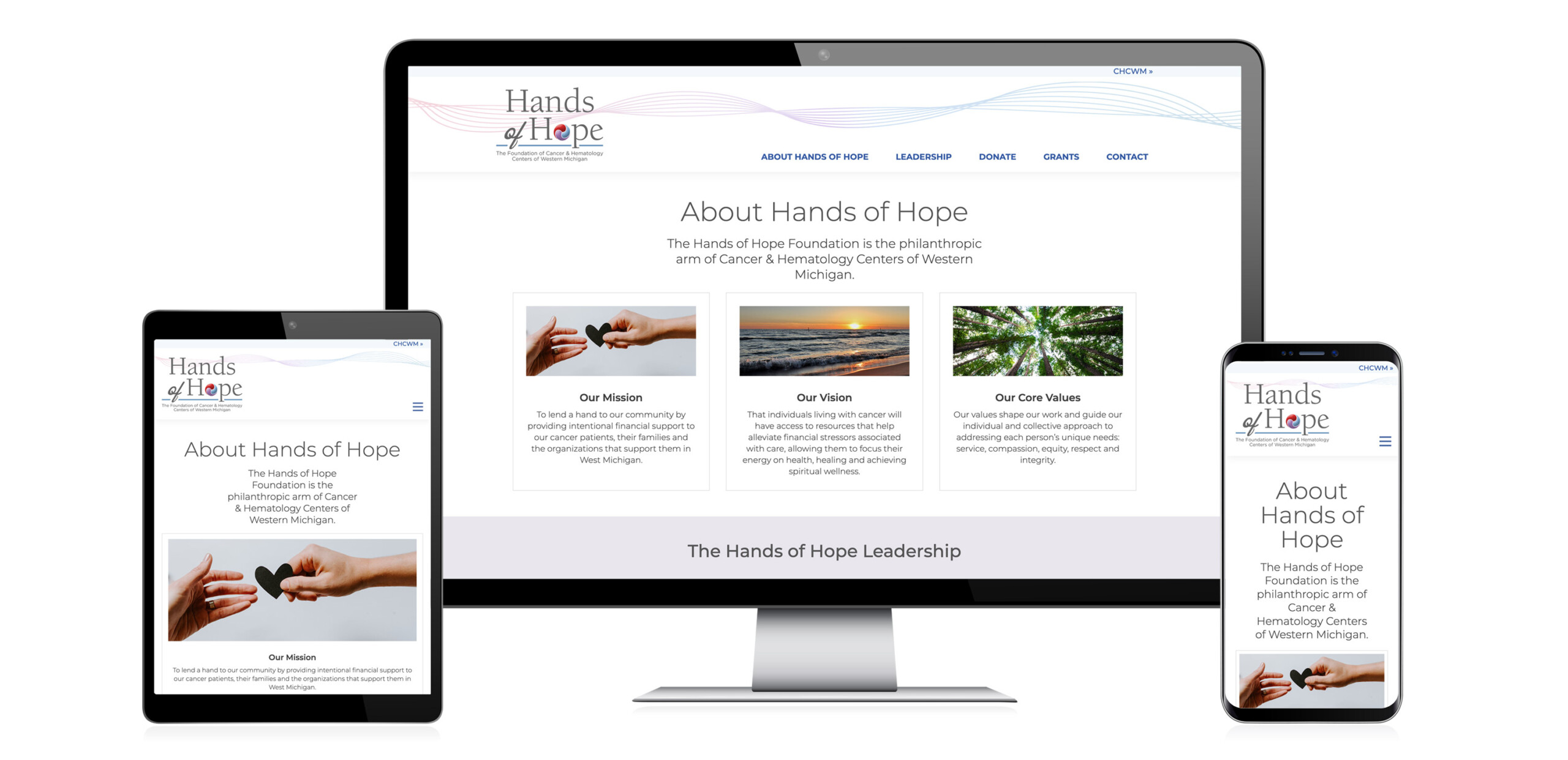 Home page of the Hands of Hope Foundation website seen on various devices.