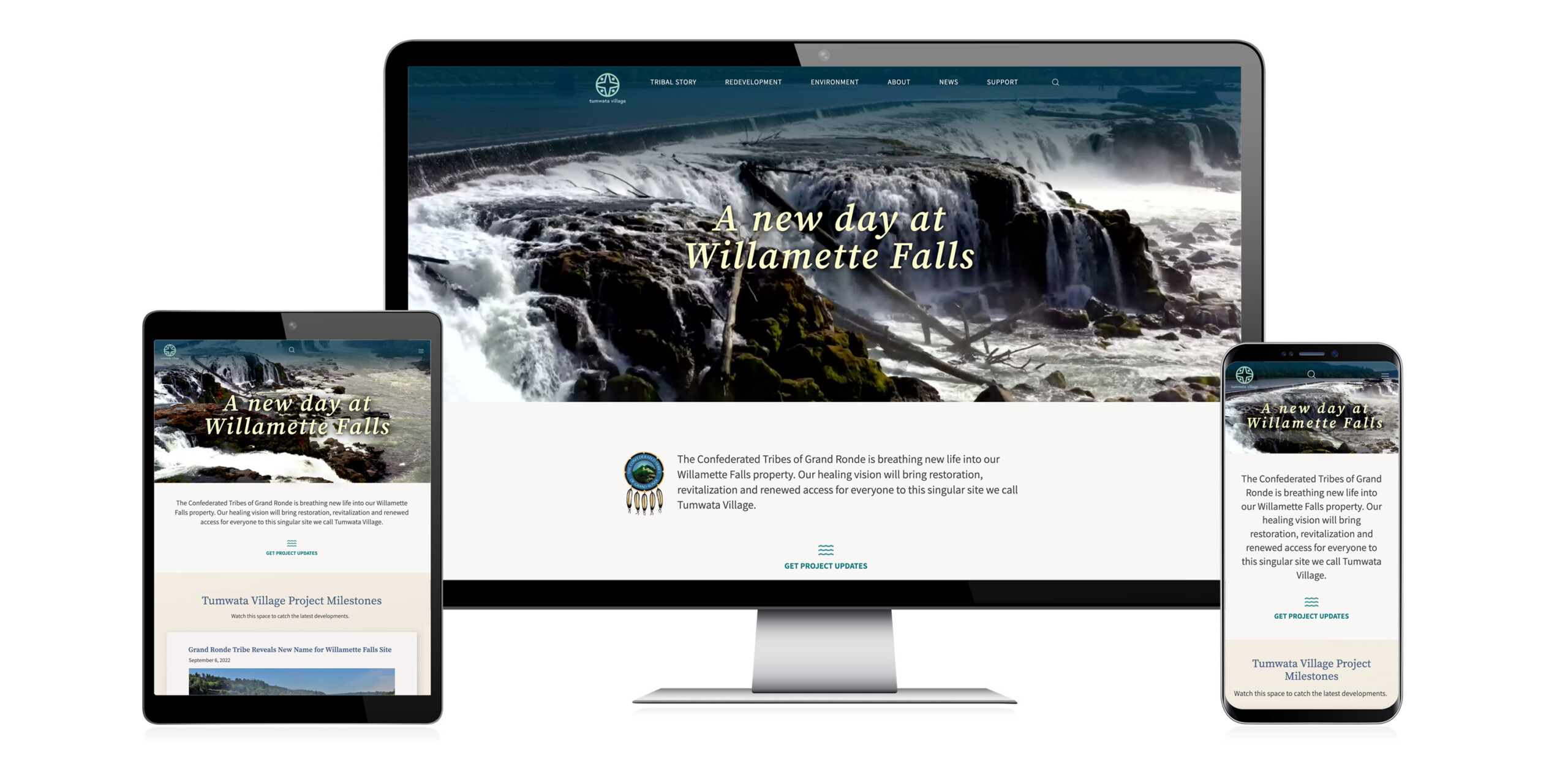 Home page of the Tumwata Village website for the Confederated Tribes of Grand Ronde, see on various devices.