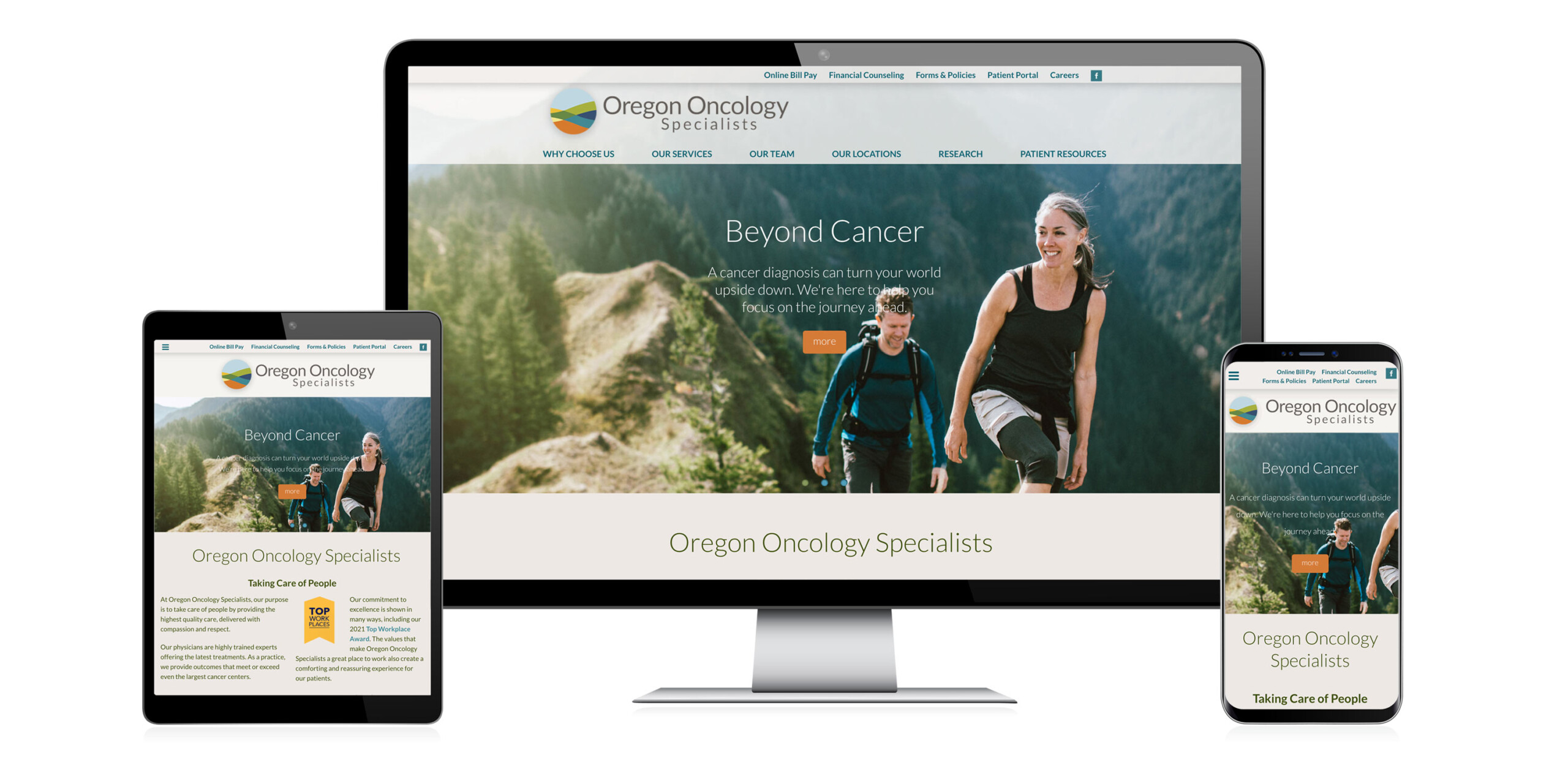 Oregon Oncology Specialists website home page displayed on several devices.