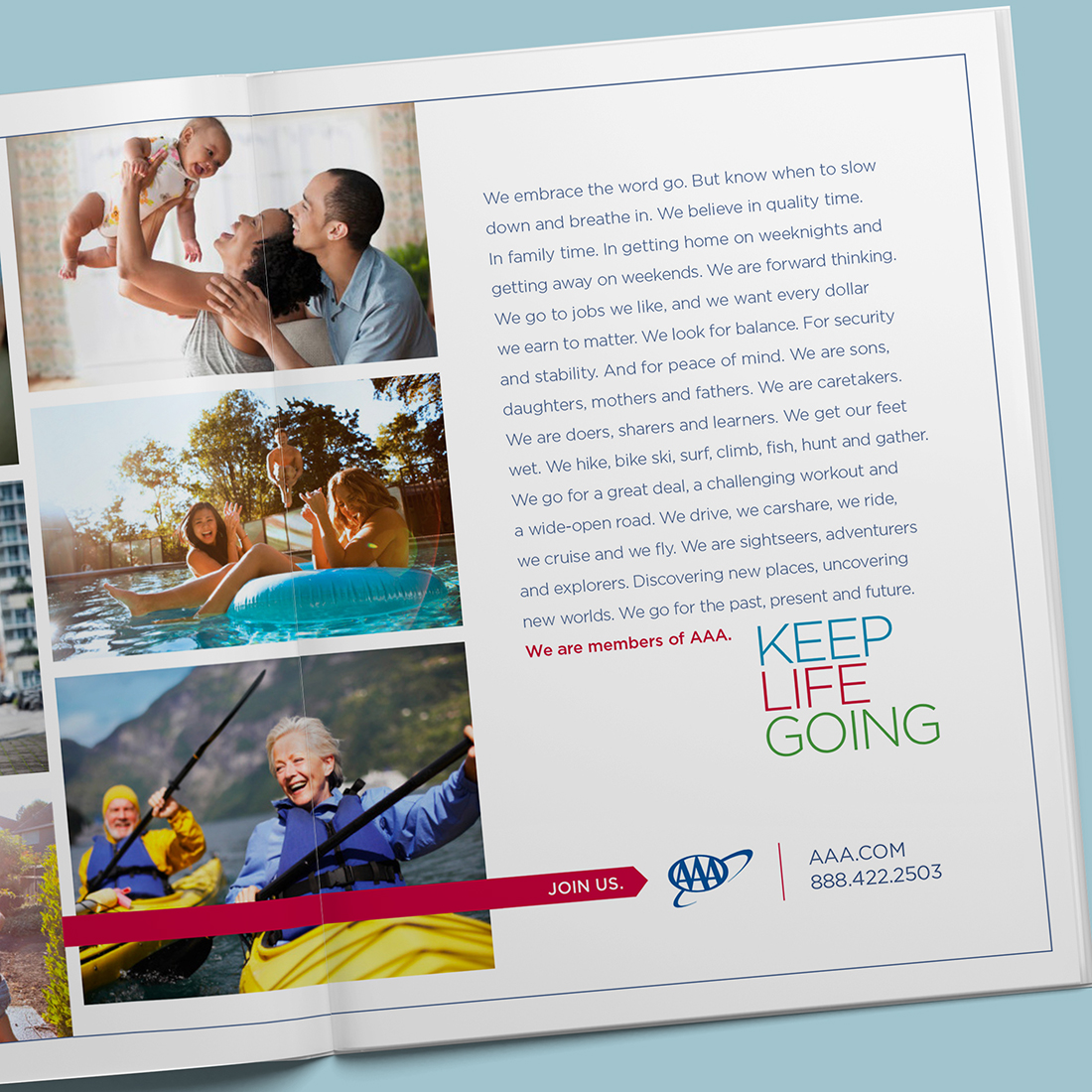 Magazine advertising spread for AAA, featuring the "Keep Life Going" branding.