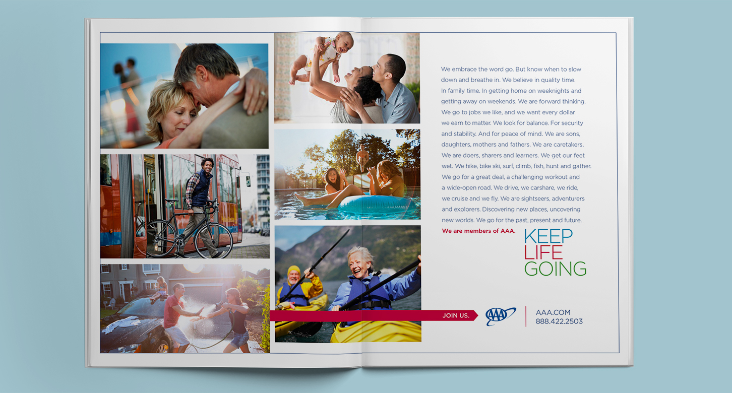 Double-page magazine spread for AAA, featuring the "Keep Life Going" branding.