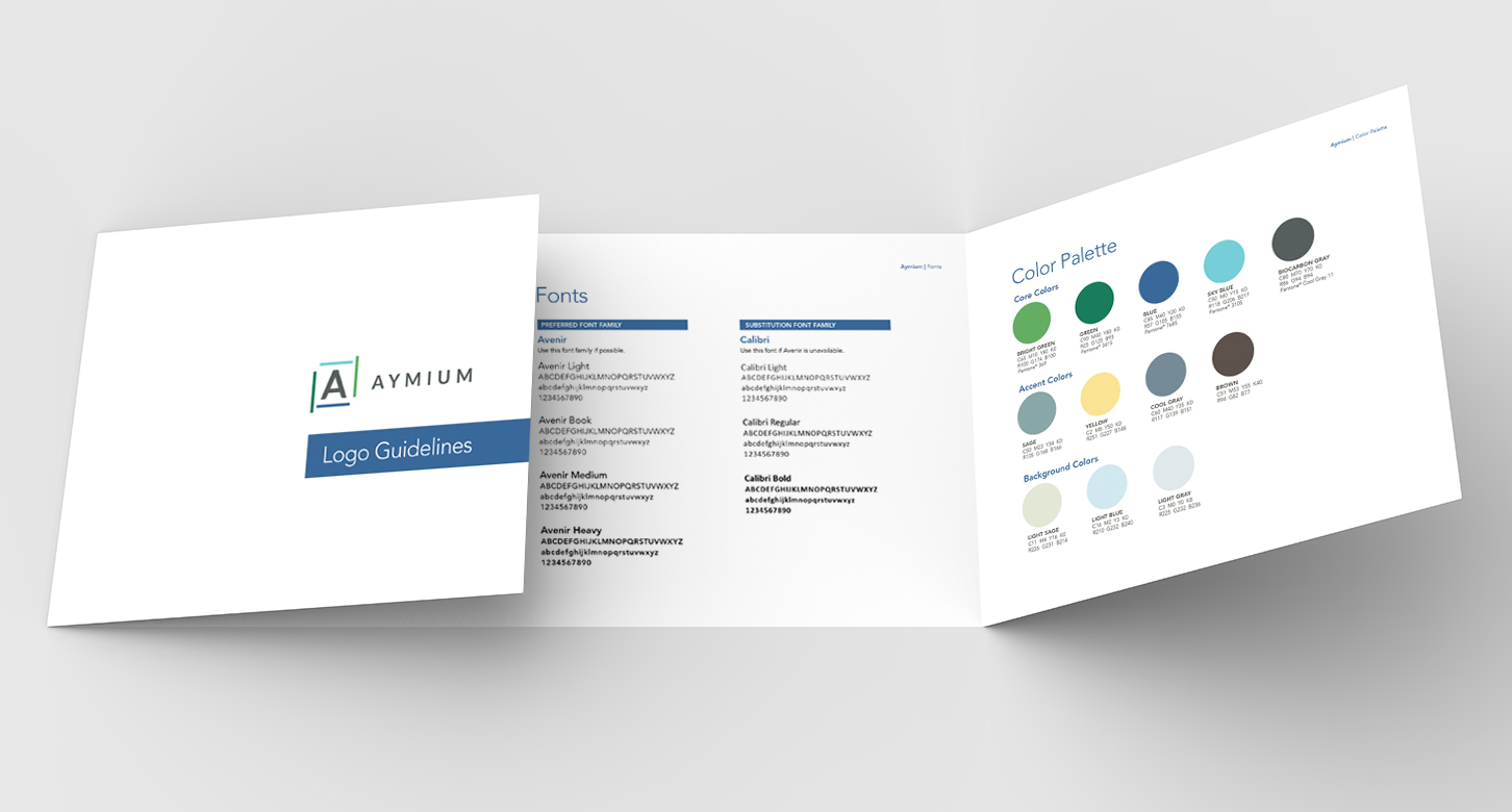 Brand and logo guide for Aymium, showing colors and fonts.