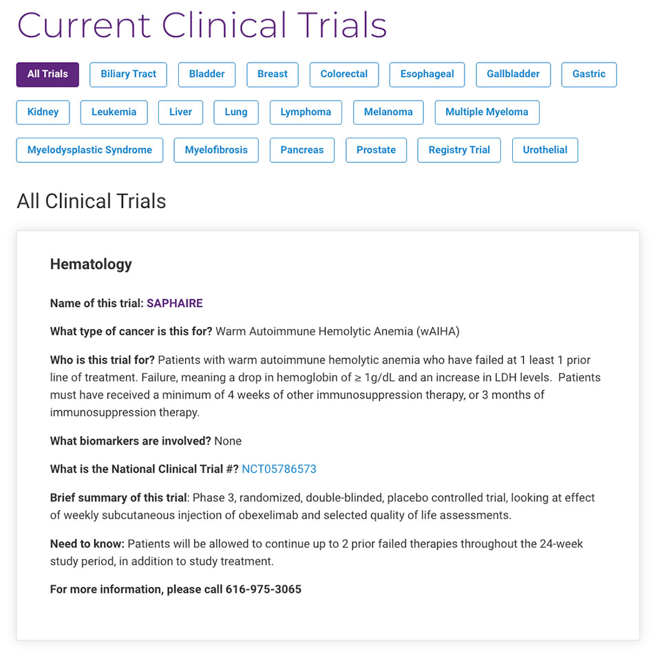 Screenshot of an online clinical trials selector tool.