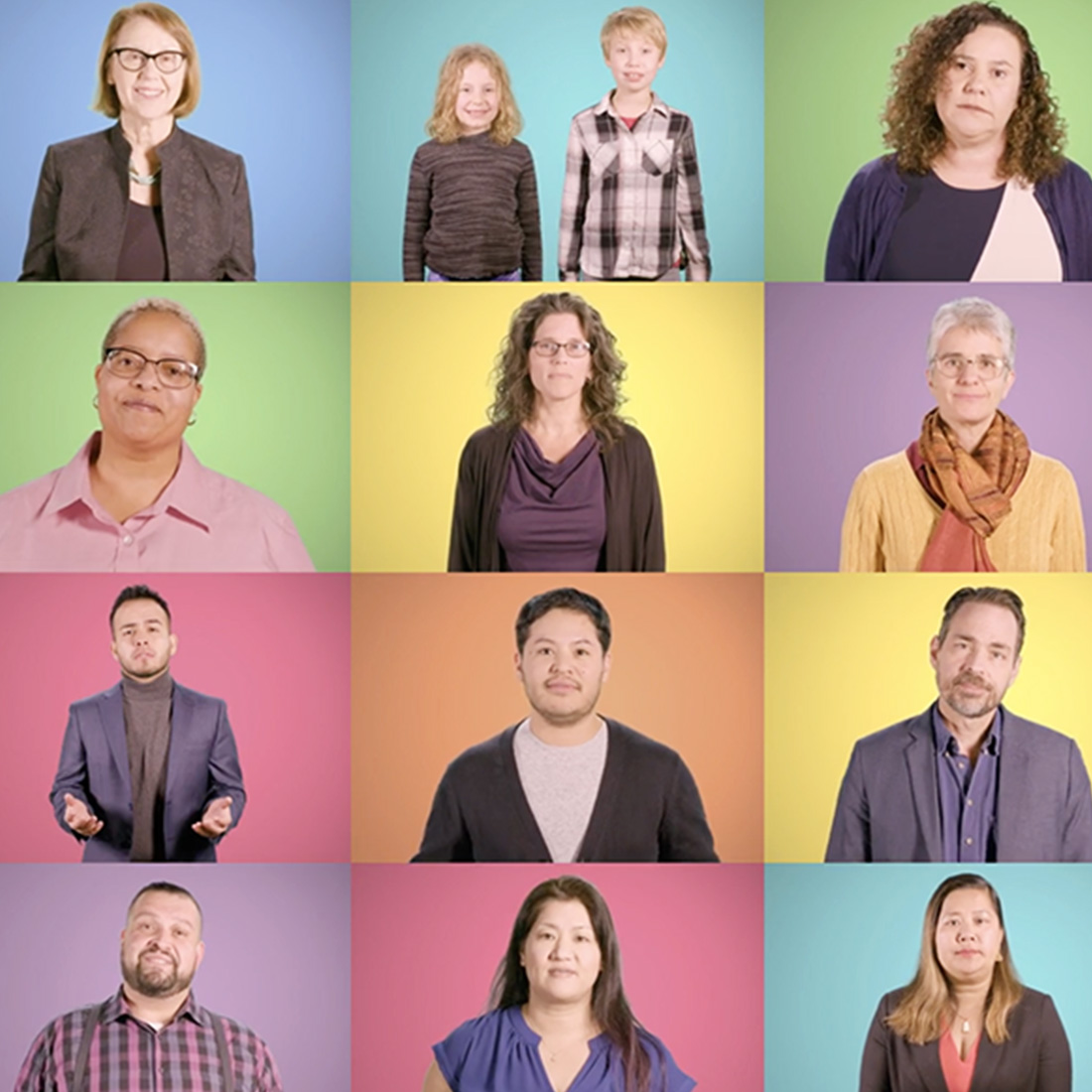 A screenshot from Oregon DOJ's "Stand Against Hate" video, showing a grid of twelve Oregonians in front of colorful backgrounds.