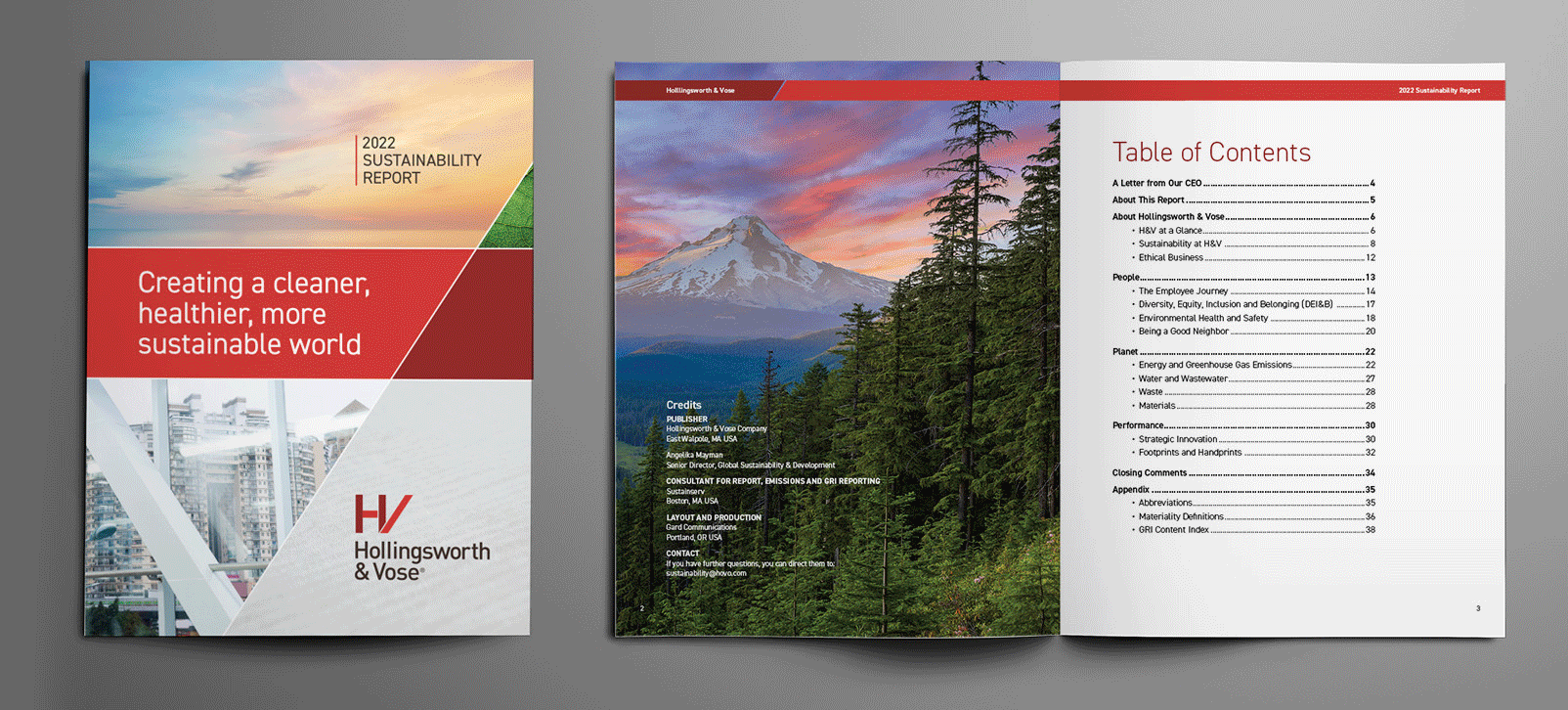 GIF animation of Hollingsworth & Vose's 2022 sustainability report, showing the cover and an open double-page spread.