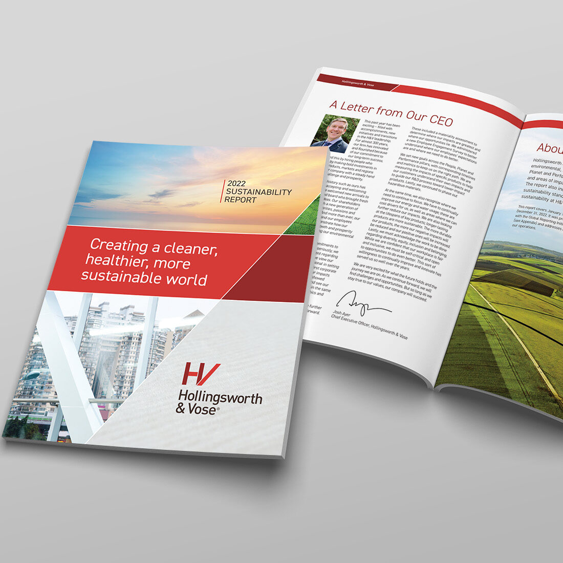 Hollingsworth & Vose's 2022 sustainability report, showing the cover and an open double-page spread.