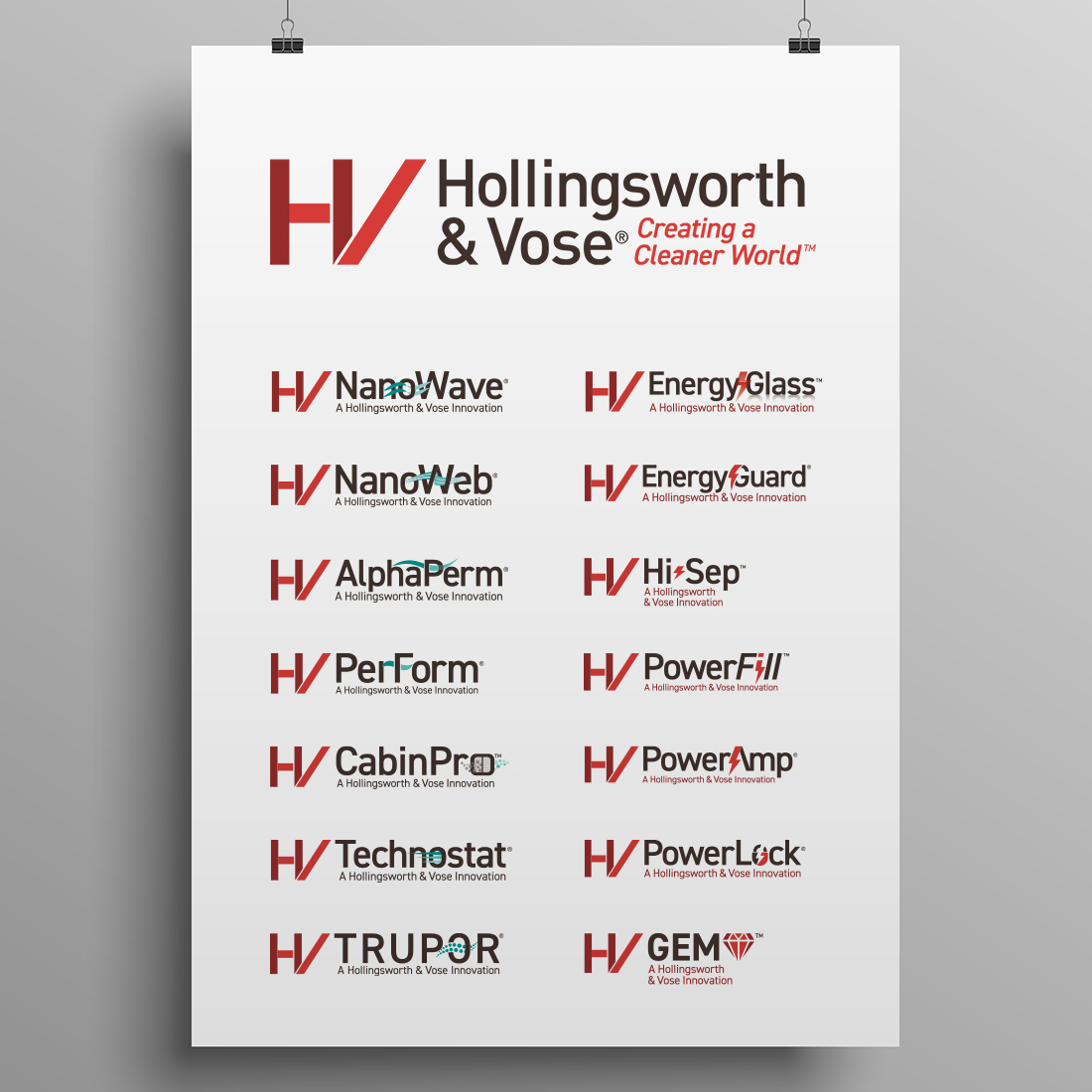 A family of 15 logos for Hollingsworth and Vose's different products and services.