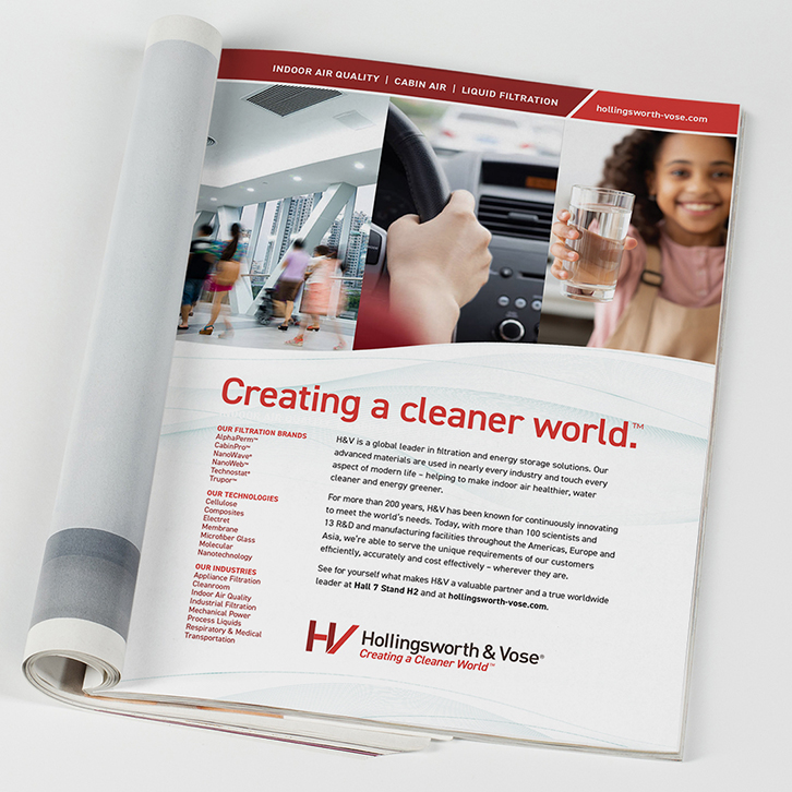 Full-page magazine ad for Hollingsworth & Vose, featuring the "Creating a cleaner world" tagline.