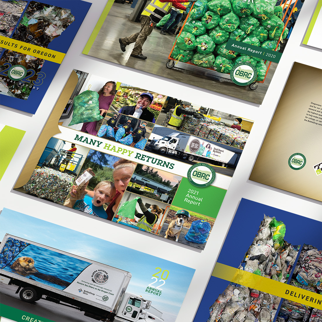 Oregon Beverage Recycling Cooperative's 2022 Annual Report, showing the cover and interior pages.