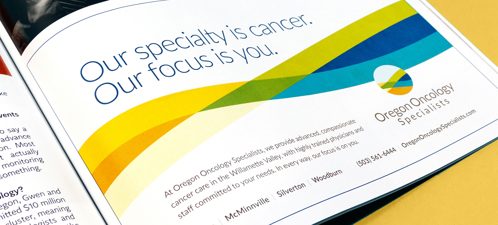 A magazine ad for Oregon Oncology Specialists (Oregon Specially Group).