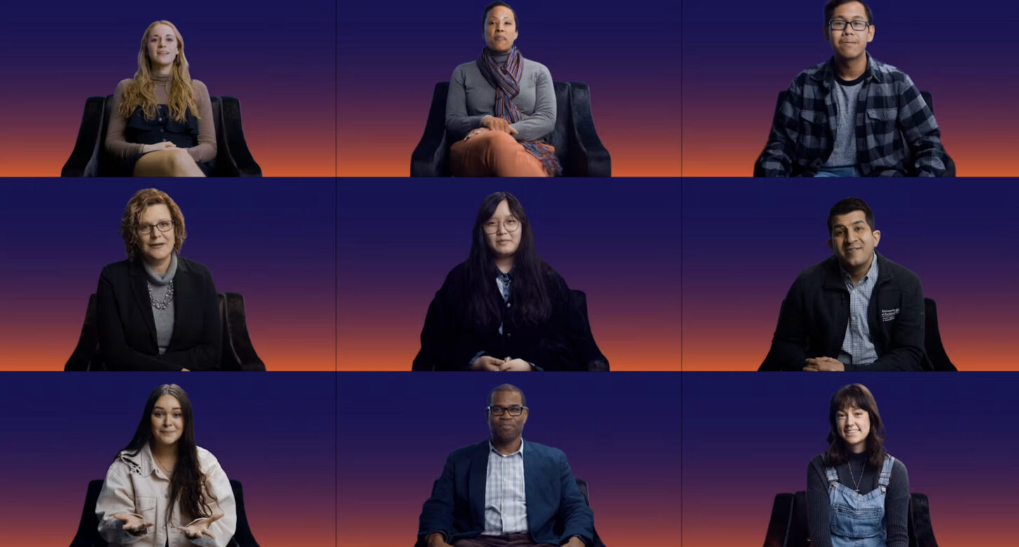 Still from a video for University of Portland's Pilots Give program, depicting a grid of nine people voicing their support for the program.