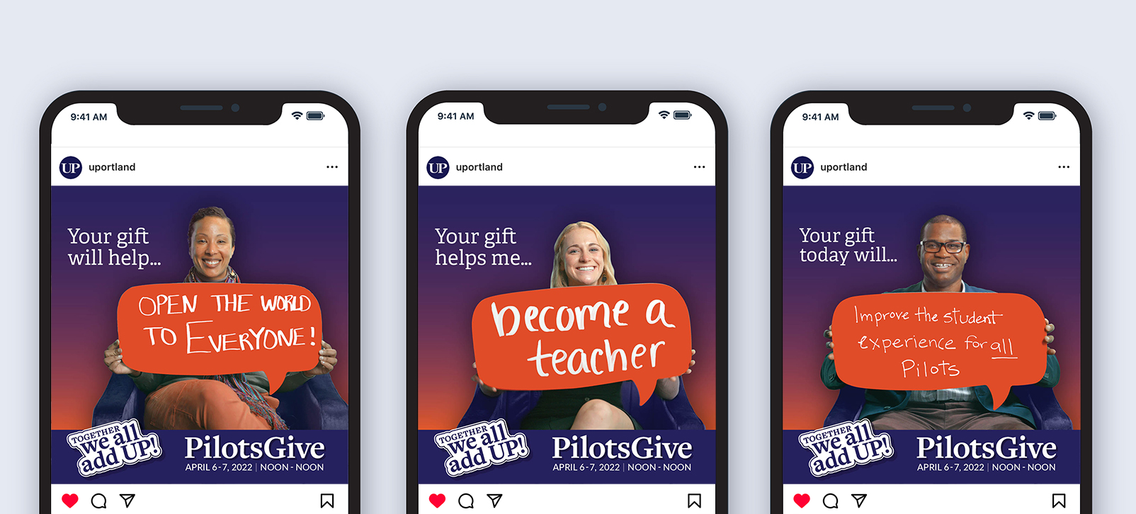 Three social media ads seen on phones, promoting University of Portland's "Pilots Give" campaign.