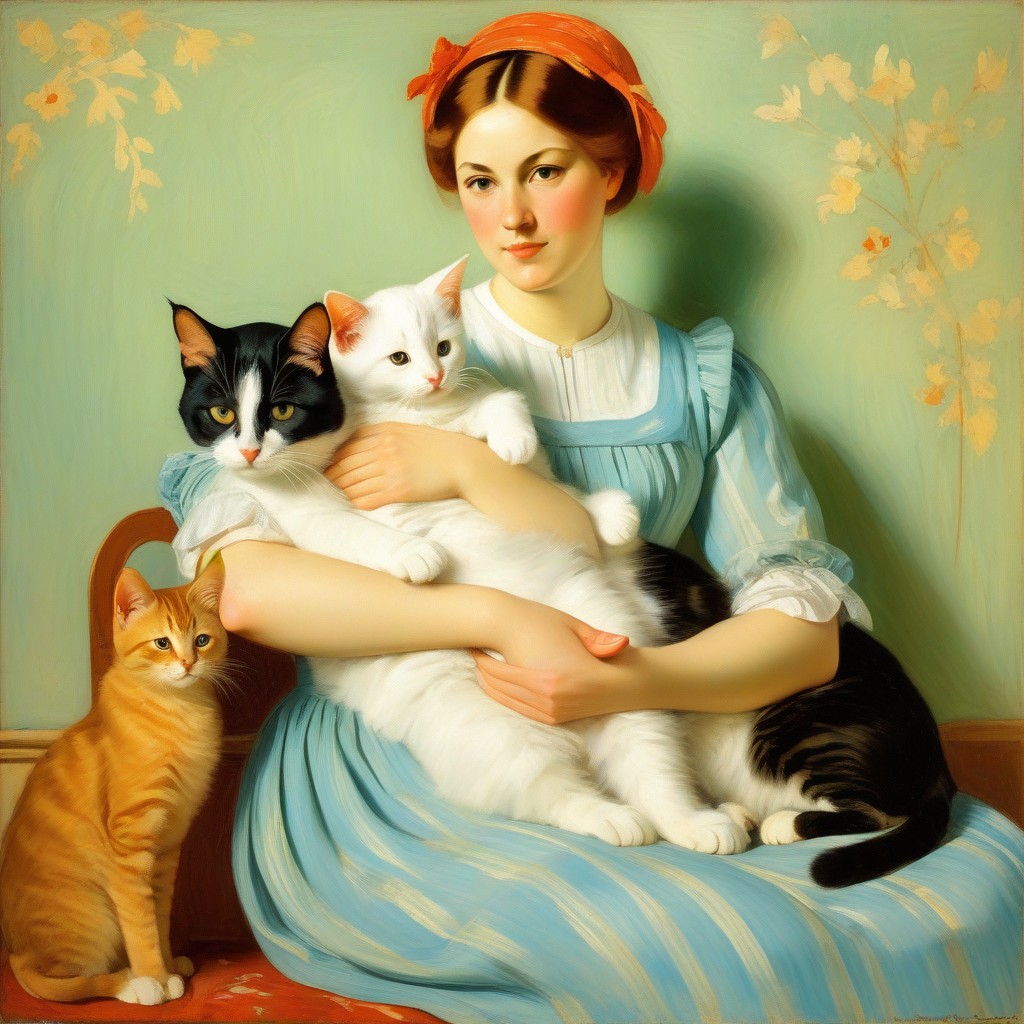 A woman in a blue dress is sitting down and holding multiple cats.