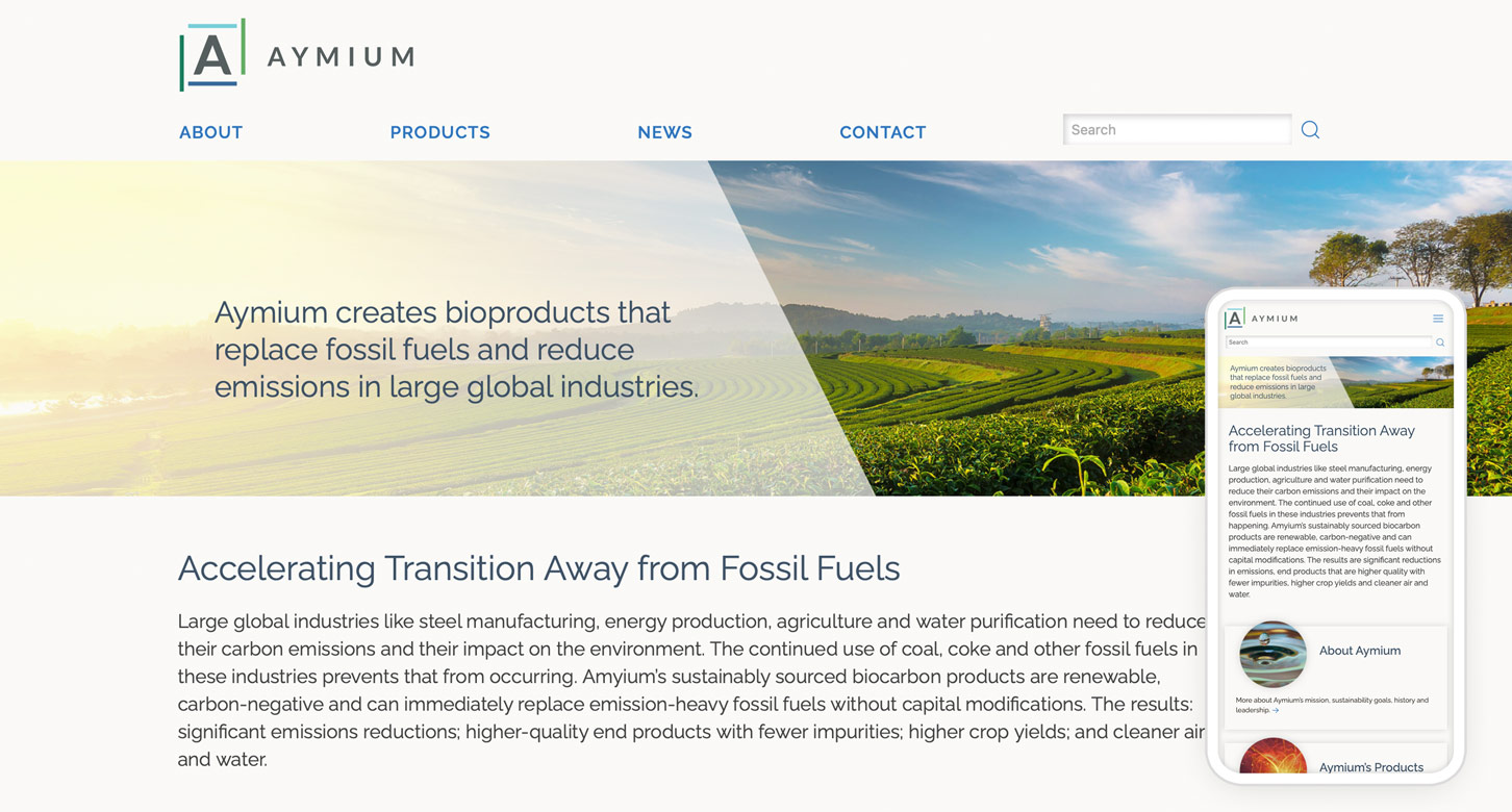 Home page of the Aymium website at desktop width and on a phone.