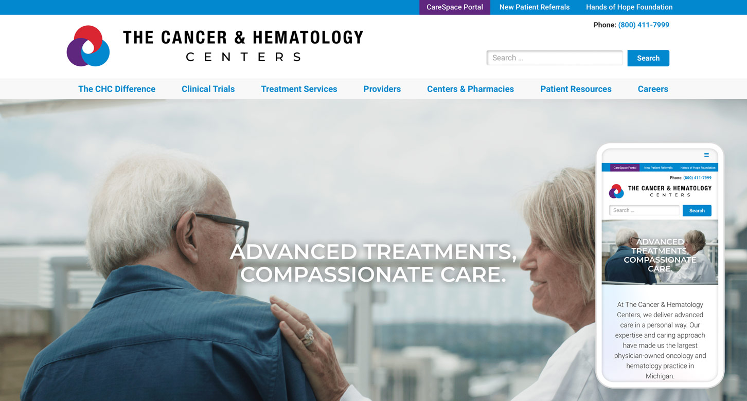 Home page of the Cancer and Hematology Centers website on a desktop computer and a phone.