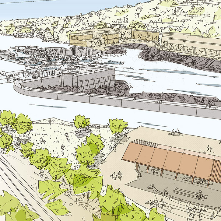 Architect's rendering of tumwata village, a proposed development at Willamette Falls, Oregon.