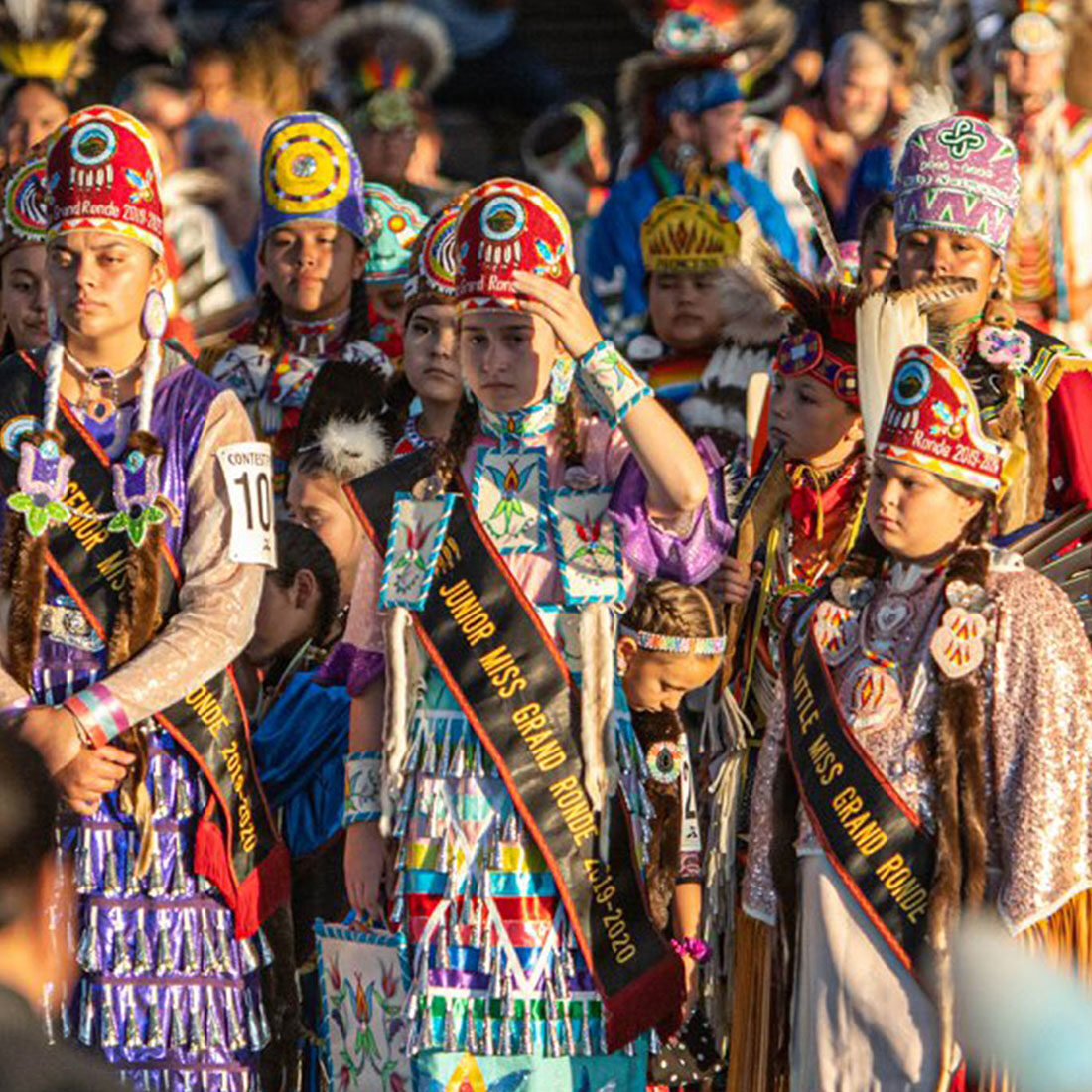 Young members of the Confederated Tribes of Grand Ronde in traditional dress at the Grand Ronde Veterans Royalty ceremony.