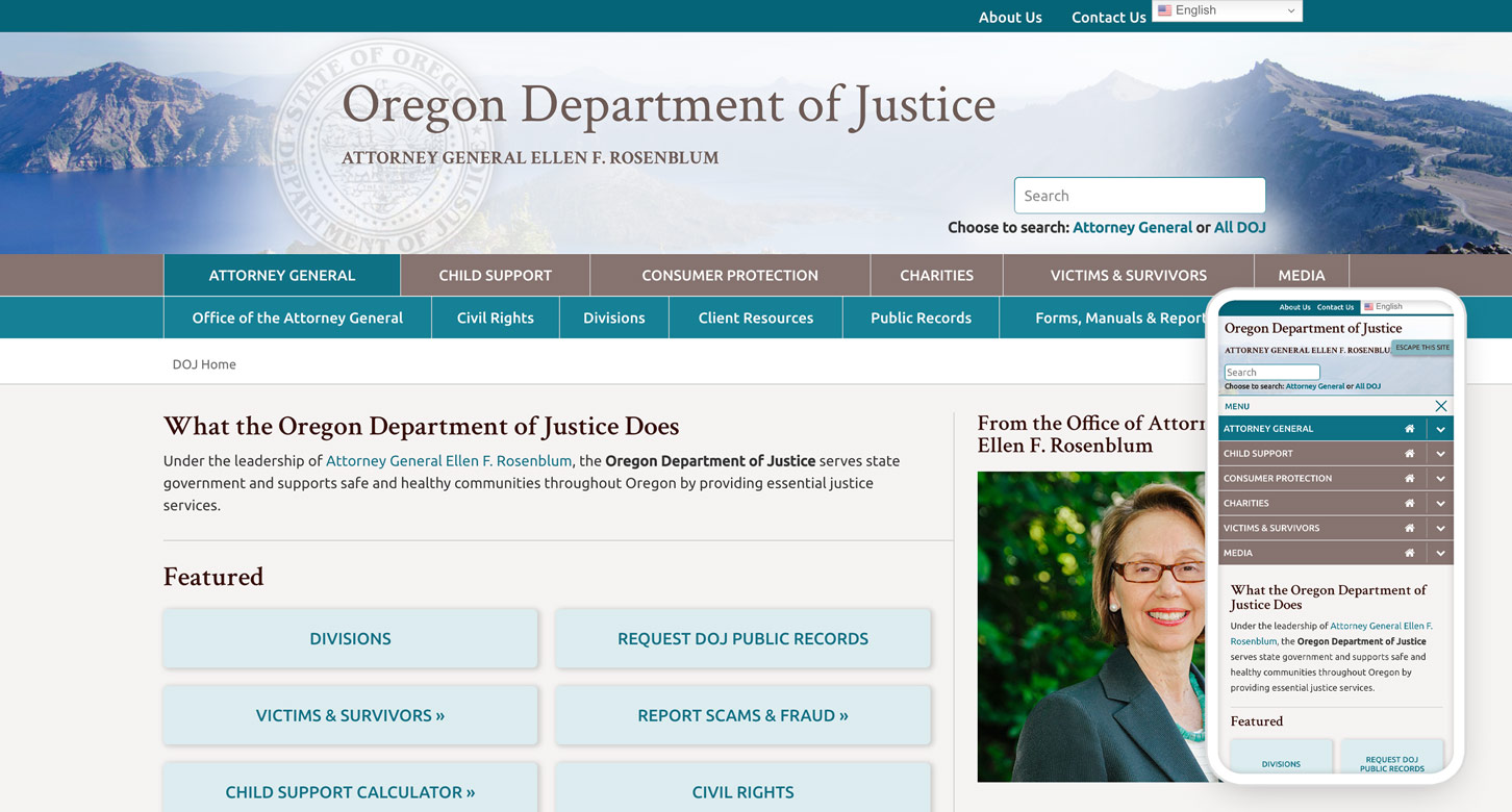 Home page of the Oregon Attorney General and the Oregon Department of Justice website displayed on a laptop and a phone.