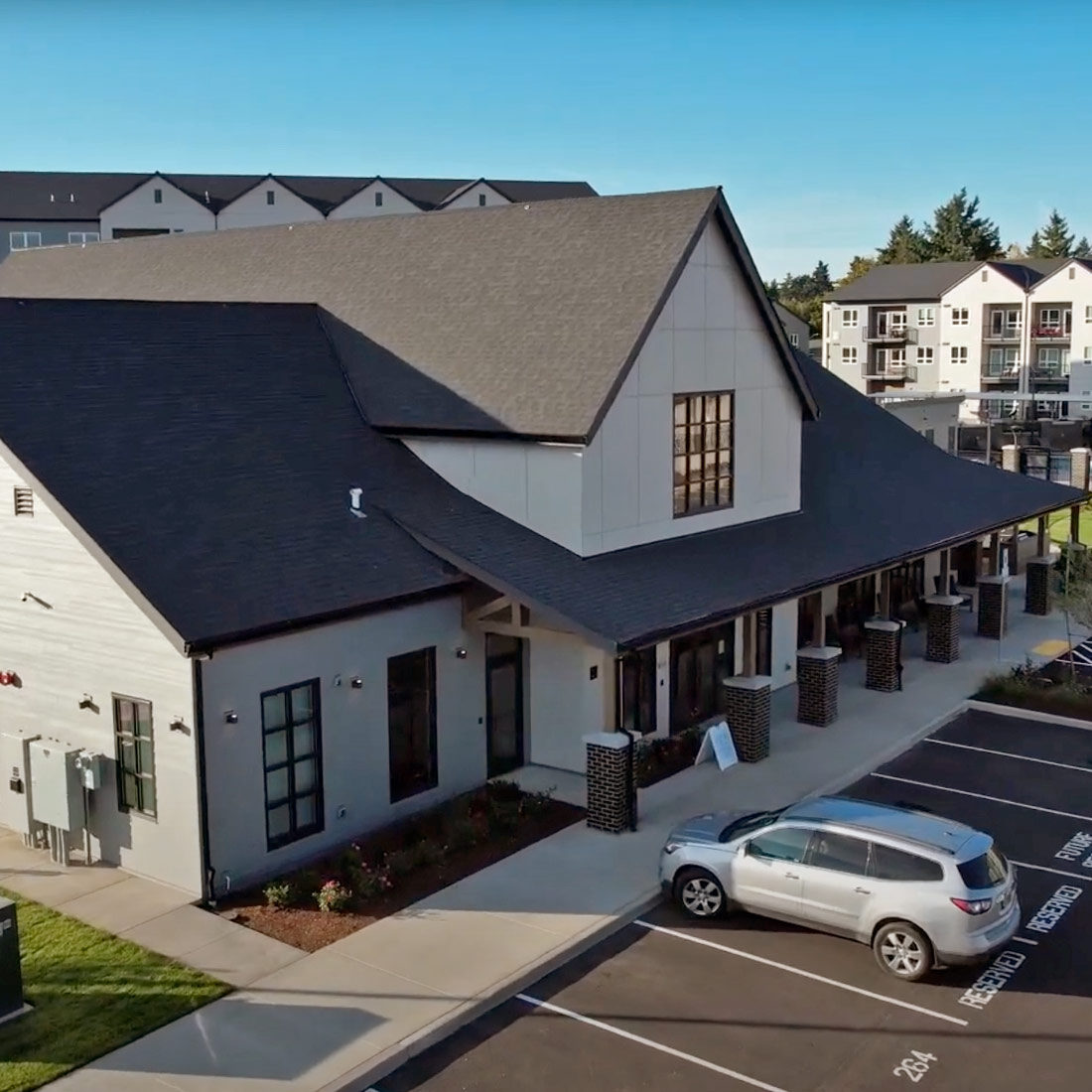 Aerial view of apartment buildings in Guardian's new residential community, Seven Acres in Milwaukie, Oregon