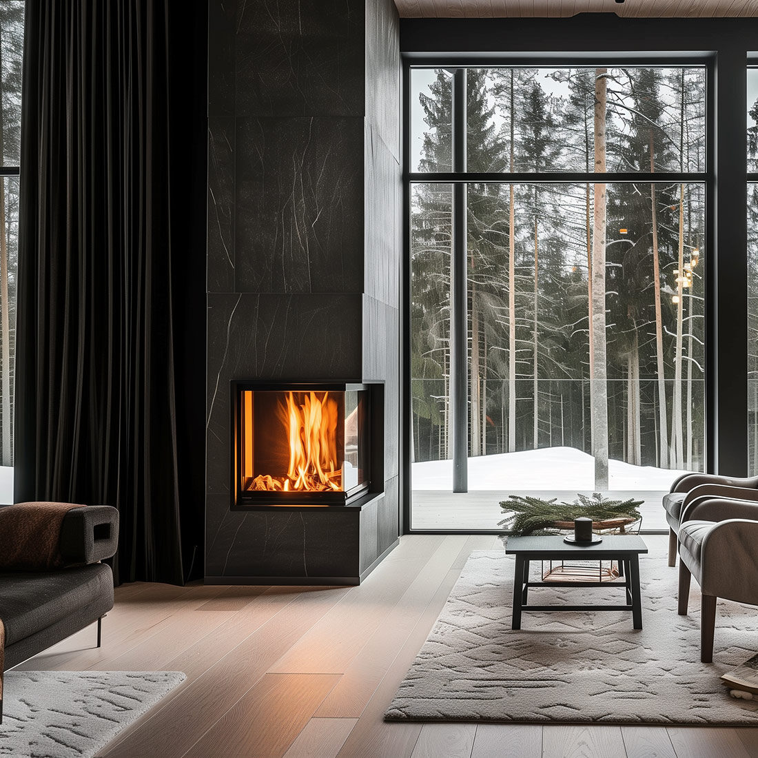 A gas fireplace warms an elegant modern home interior, while outside is a pine forest with snow on the ground.