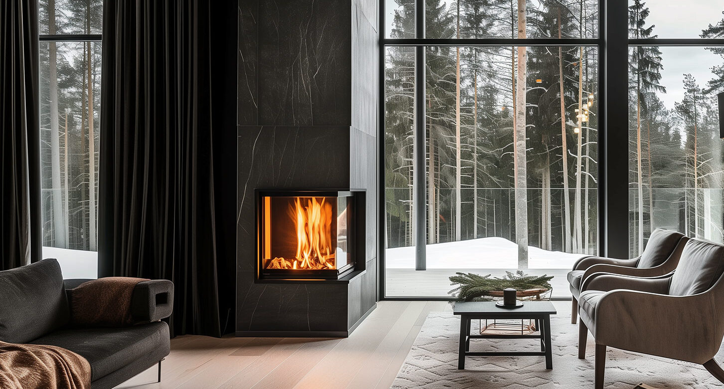 A gas fireplace warms an elegant modern home interior, while outside is a pine forest with snow on the ground.