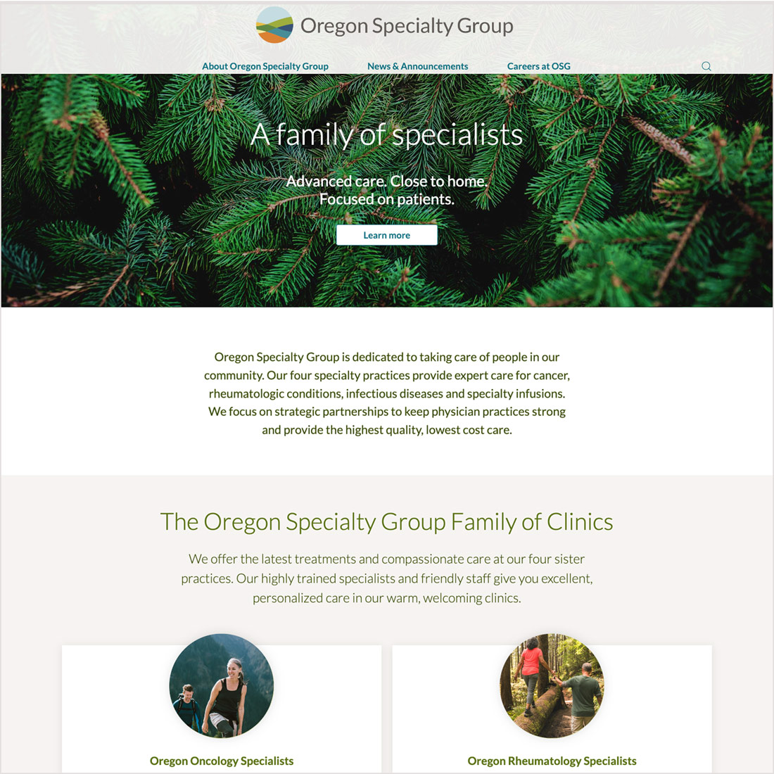 Home page of the Oregon Specialty group website.