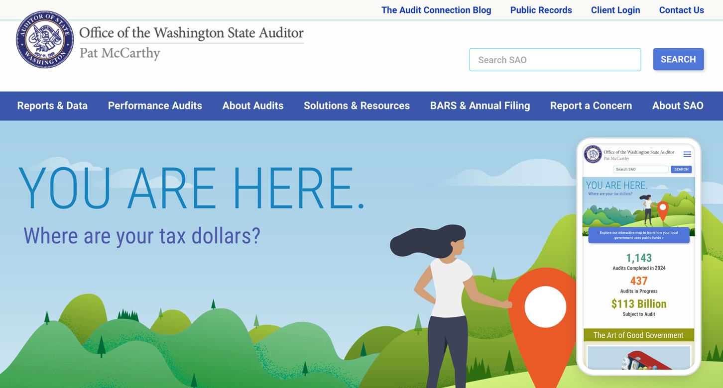 The home page of the Washington State Auditor's Office website on different devices.