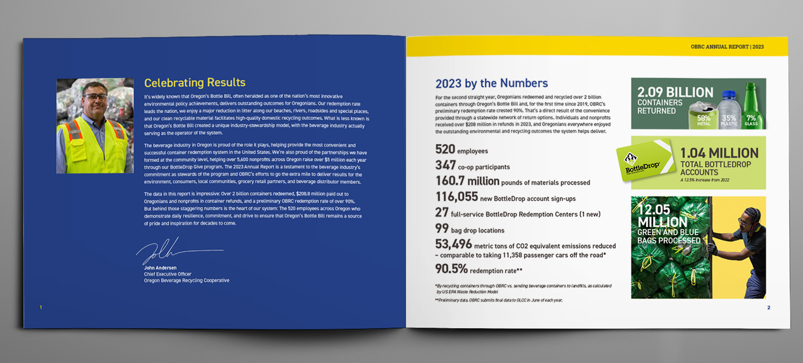 Oregon Beverage Recycling Cooperative's 2022 Annual Report, showing an interior double page spread.